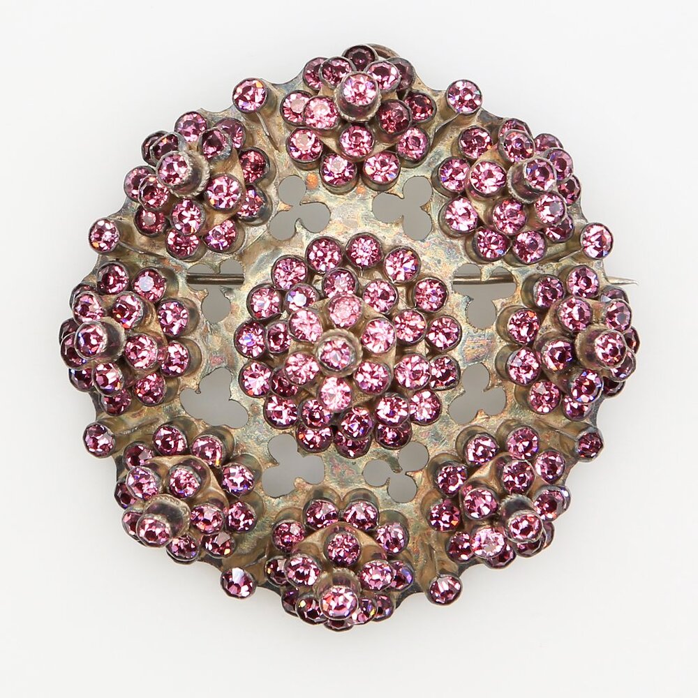French Victorian Silver Domed Multi-Flower Pink Paste Brooch Pendant late 1800s